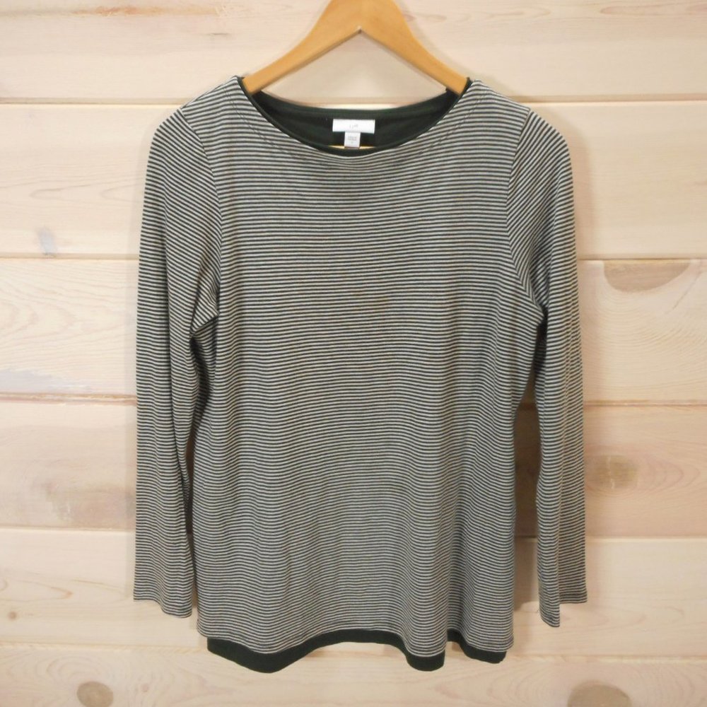 J Jill Womens Size S Soft Knit Top Striped Layered Olive Green Cropped Sleeve